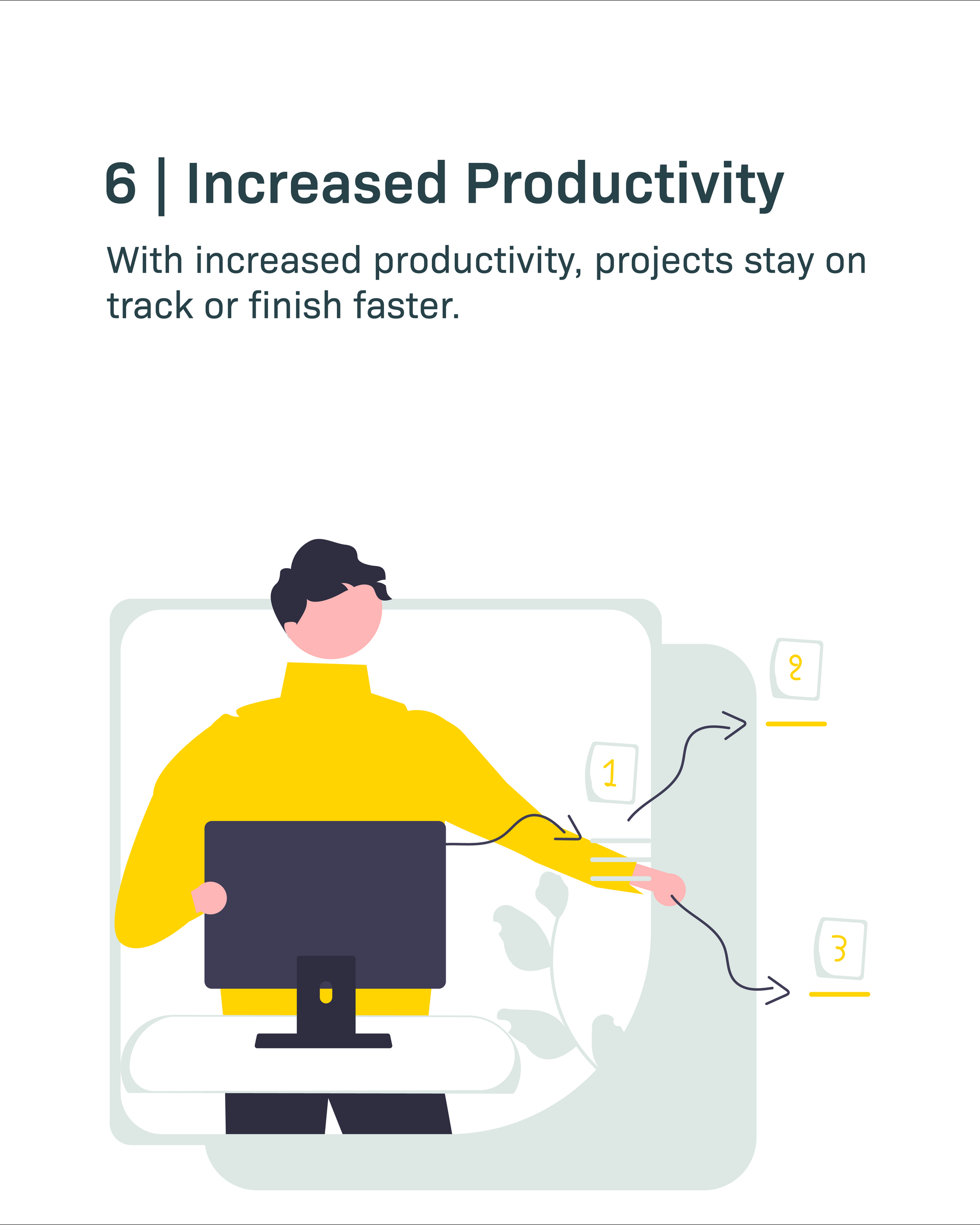 Illustration of a person in a yellow sweater using a computer, with text about increased productivity and staying on track