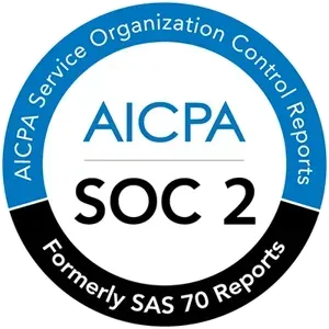 AICPA SOC 2 certification seal in blue, black, and white with circular text around the logo