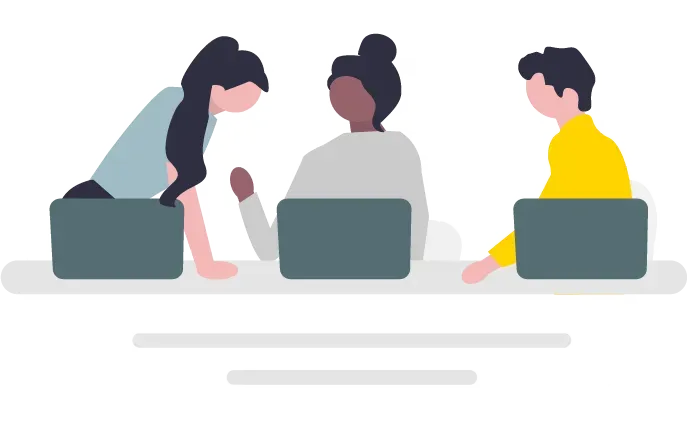Three people sitting with laptops in a meeting, one leaning forward to speak.