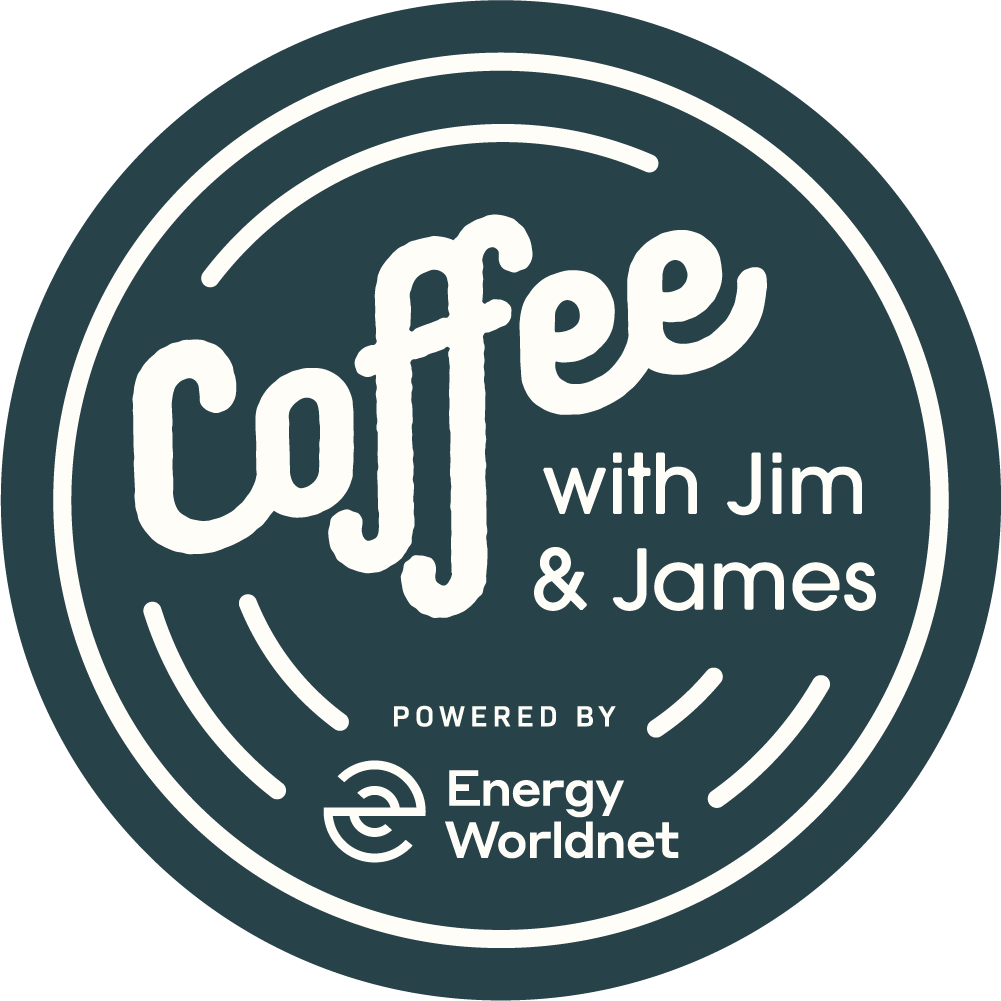 Coffee with Jim & James logo in dark teal and white, powered by Energy Worldnet.