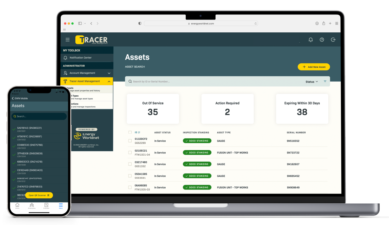 Laptop and phone showing a dark-themed asset management dashboard with charts and lists