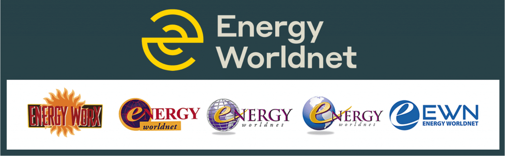 Energy Worldnet logo with yellow icon and text, plus a row of utility company logos on white background