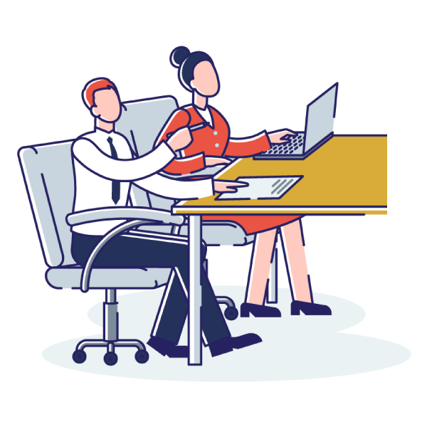 Two coworkers seated at a desk, working on a laptop in an office setting.