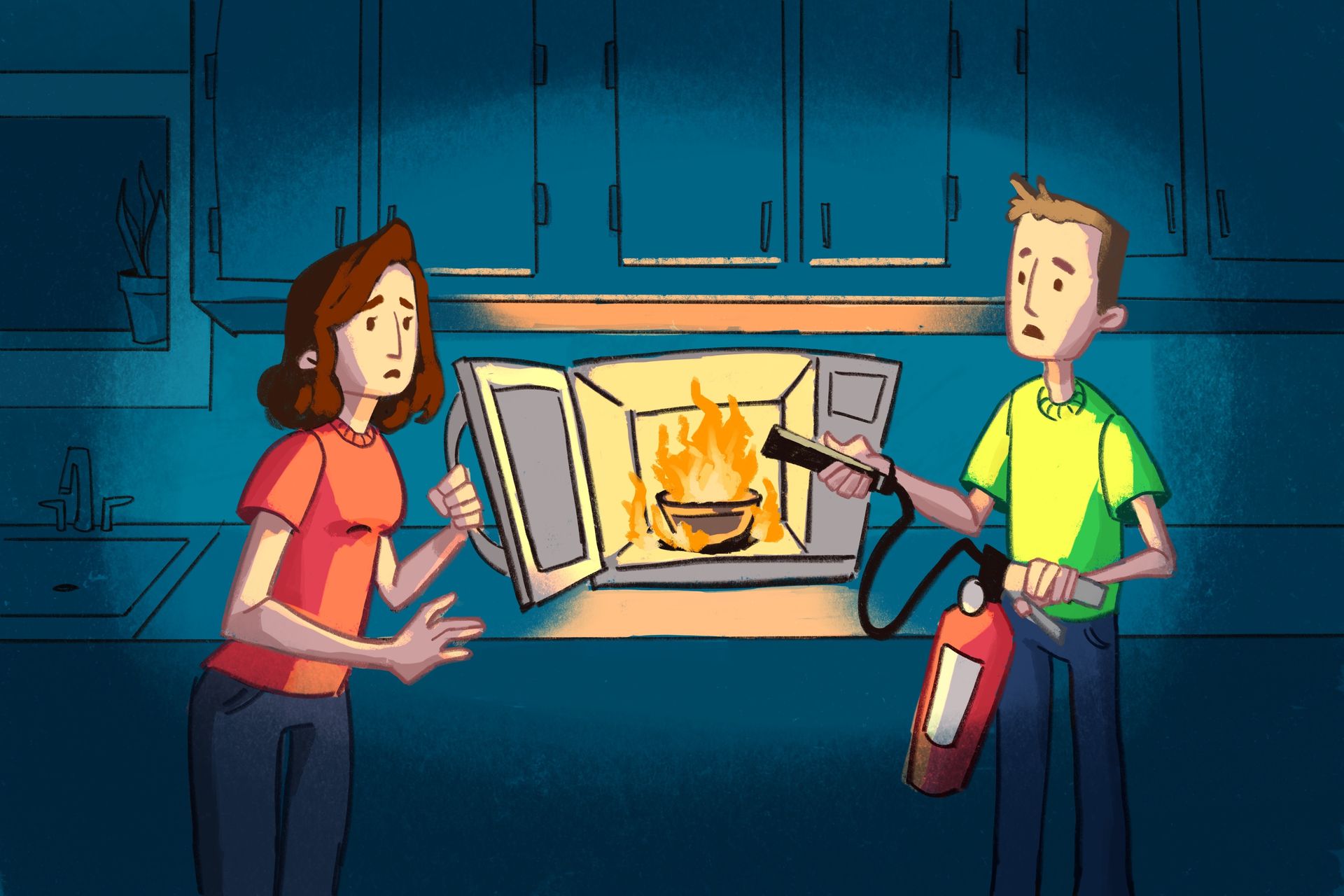 Two people inspect a kitchen oven with flames inside, one holding a fire extinguisher.