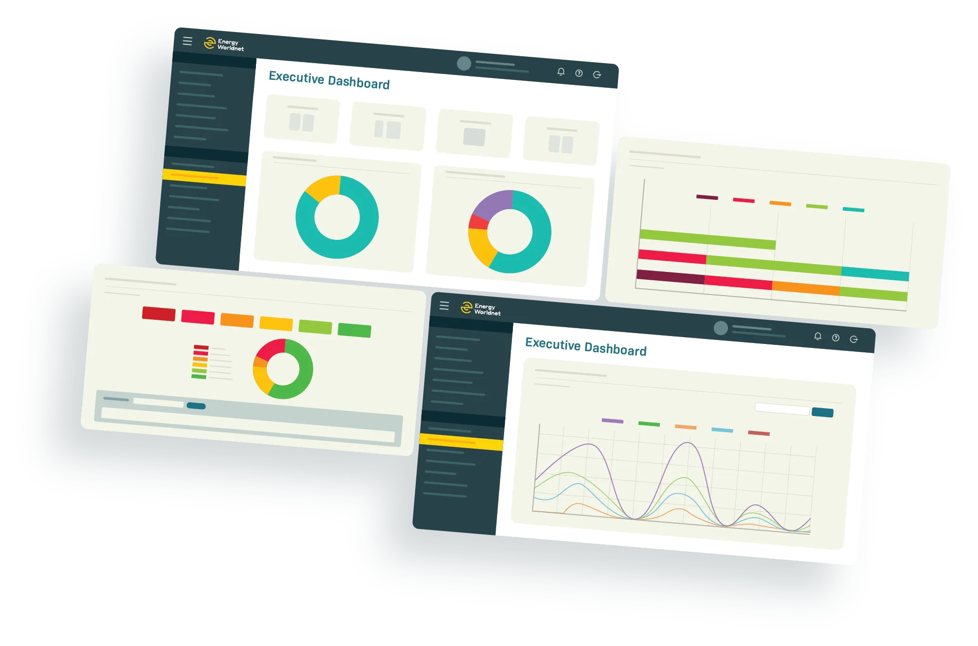 Analytics dashboard screens with colorful charts, line graphs, and bar graphs on a white background