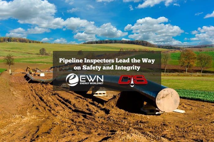Pipeline inspectors on muddy construction site with text: “Pipeline Inspectors Lead the Way on Safety and Integrity”