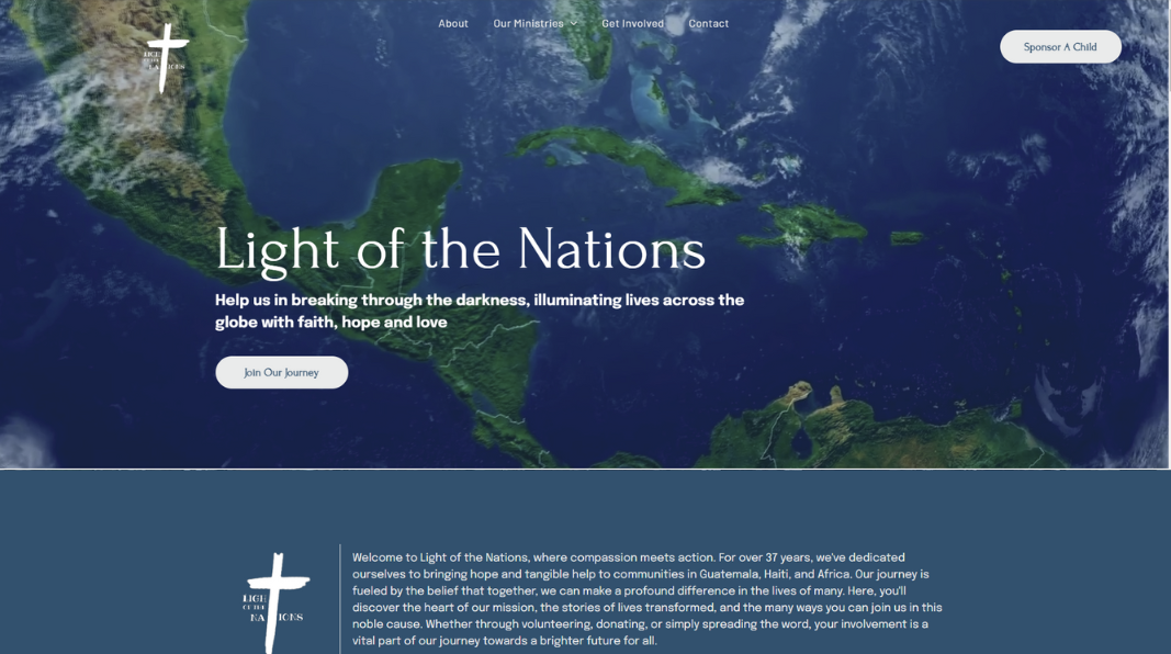 A world map with text "Light of the Nations" and a white cross, promoting global faith and hope.