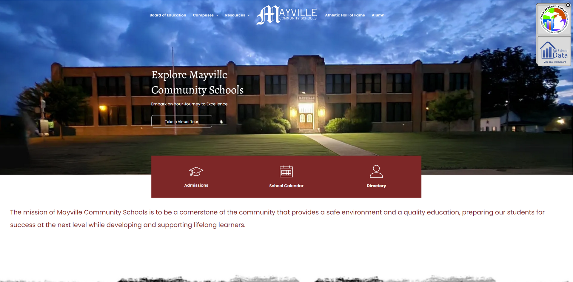 Website for Naylor R-V Community Schools, displaying a school building at dusk, with three red buttons and text.