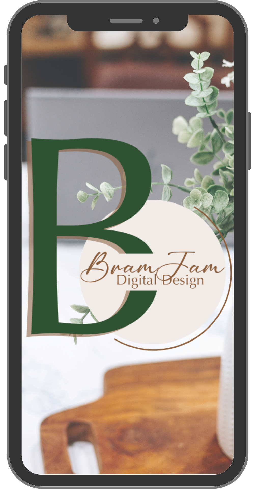 Phone displaying a digital design services logo with a large 