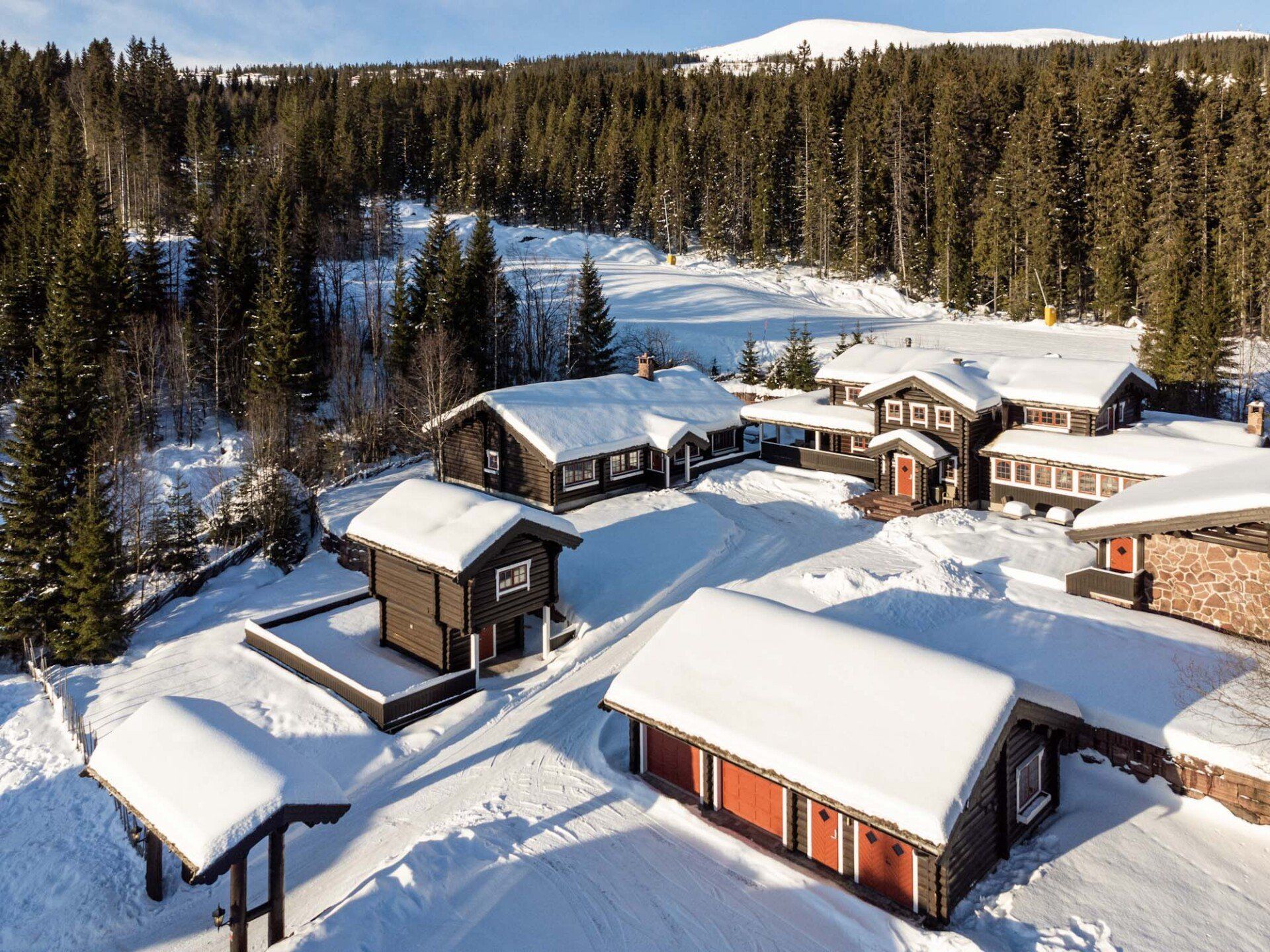En gruppe hus dekket av snø midt i en snødekt skog.