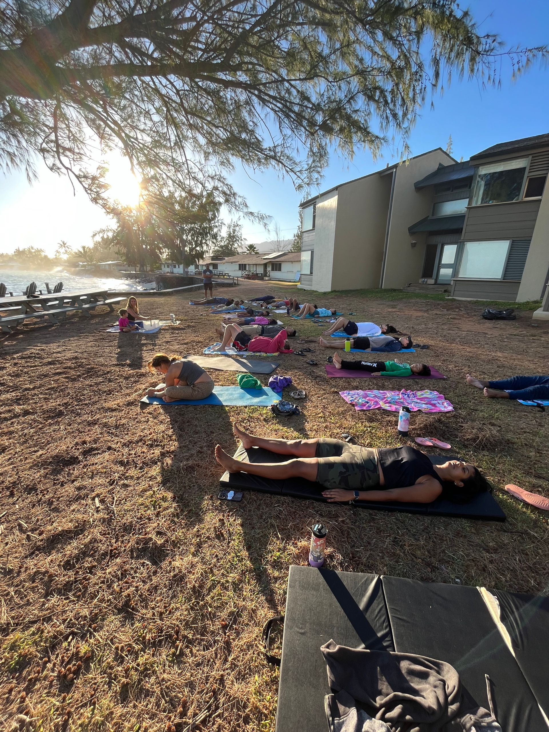 A group of people are doing yoga on the grass in front of a building