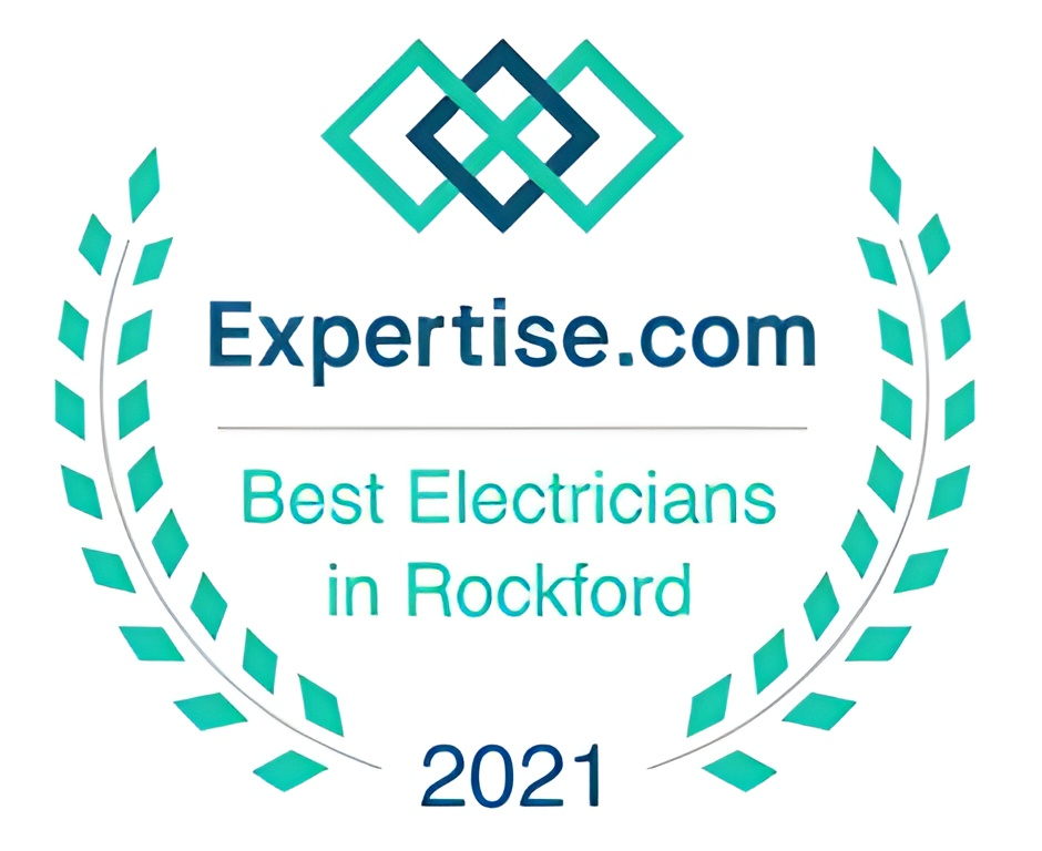 Expertise.com badge: Best Electricians in Rockford 2021, teal laurel wreath and logo