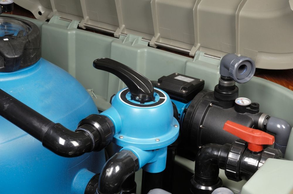 Pool Filter System With Blue Valve, Black Pipes, and Water Pump — Tempshift Pool Heating in Buff Point, NSW