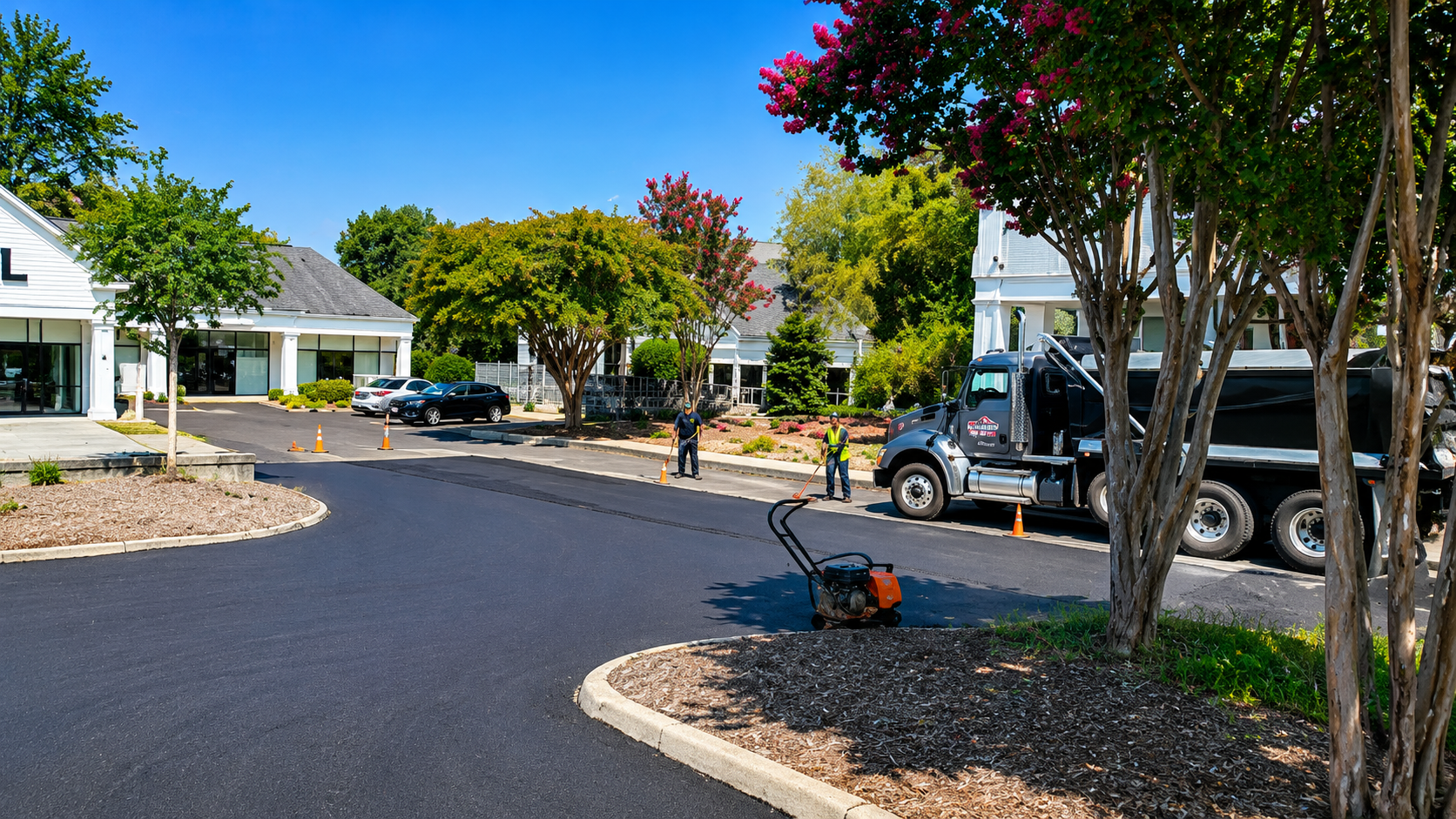 Suburban driveway with parked vehicles, landscaped beds, and a bright blue sky