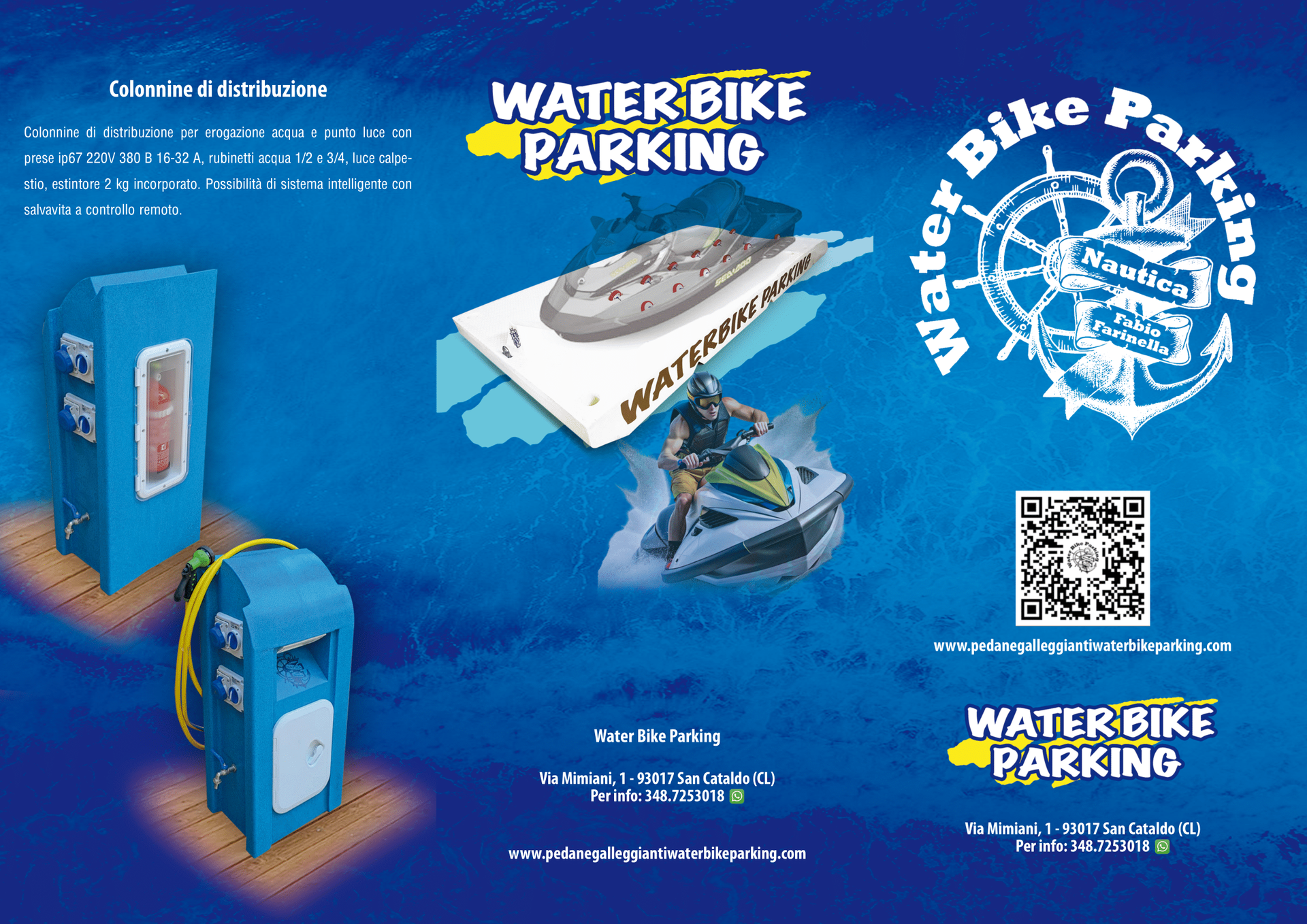 Pubblicità per parcheggio per moto d'acqua con moto d'acqua e stazione di attracco. Sfondo blu.