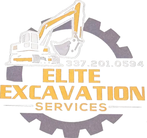 Logo for Elite Excavation Services with excavator, gear graphic, and phone number 337-201-0594