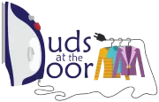 “Duds at the Door” logo with colorful clothes hanging on a rack and a stylized blue door.