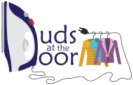 “Duds at the Door” logo with colorful clothes hanging on a rack and a stylized blue door.
