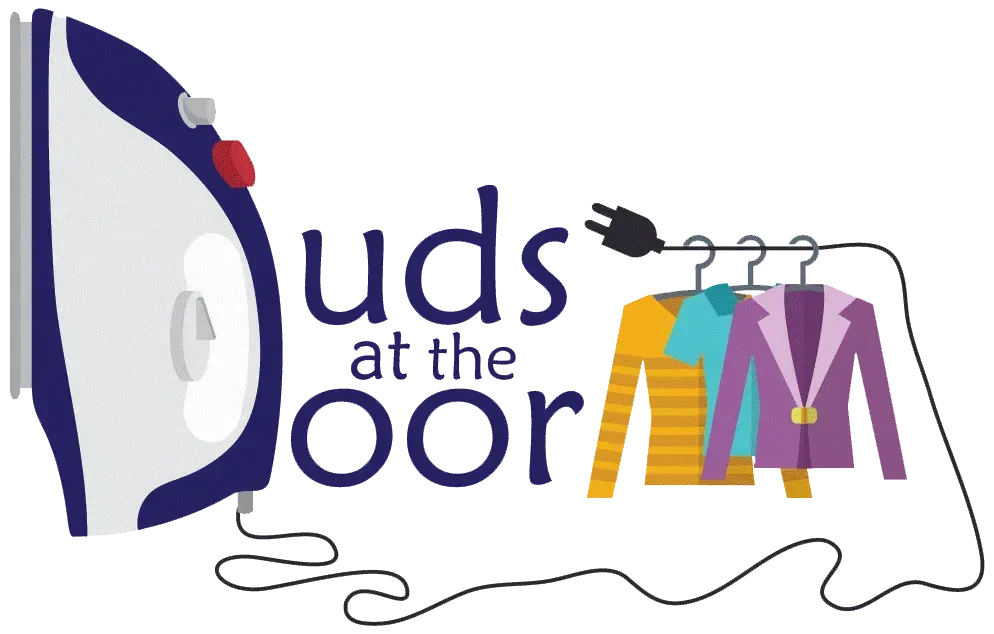 “Duds at the Door” logo with colorful clothes hanging on a rack and a stylized blue door.