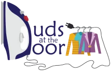“Duds at the Door” logo with colorful clothes hanging on a rack and a stylized blue door.
