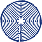 Blauw cirkelvormig labyrintpatroon met een kruisvormig middelpunt.