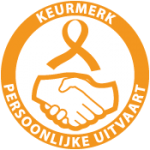 Orange circular “Keurmerk Persoonlijke Uitvaart” logo with a handshake icon and ribbon symbol