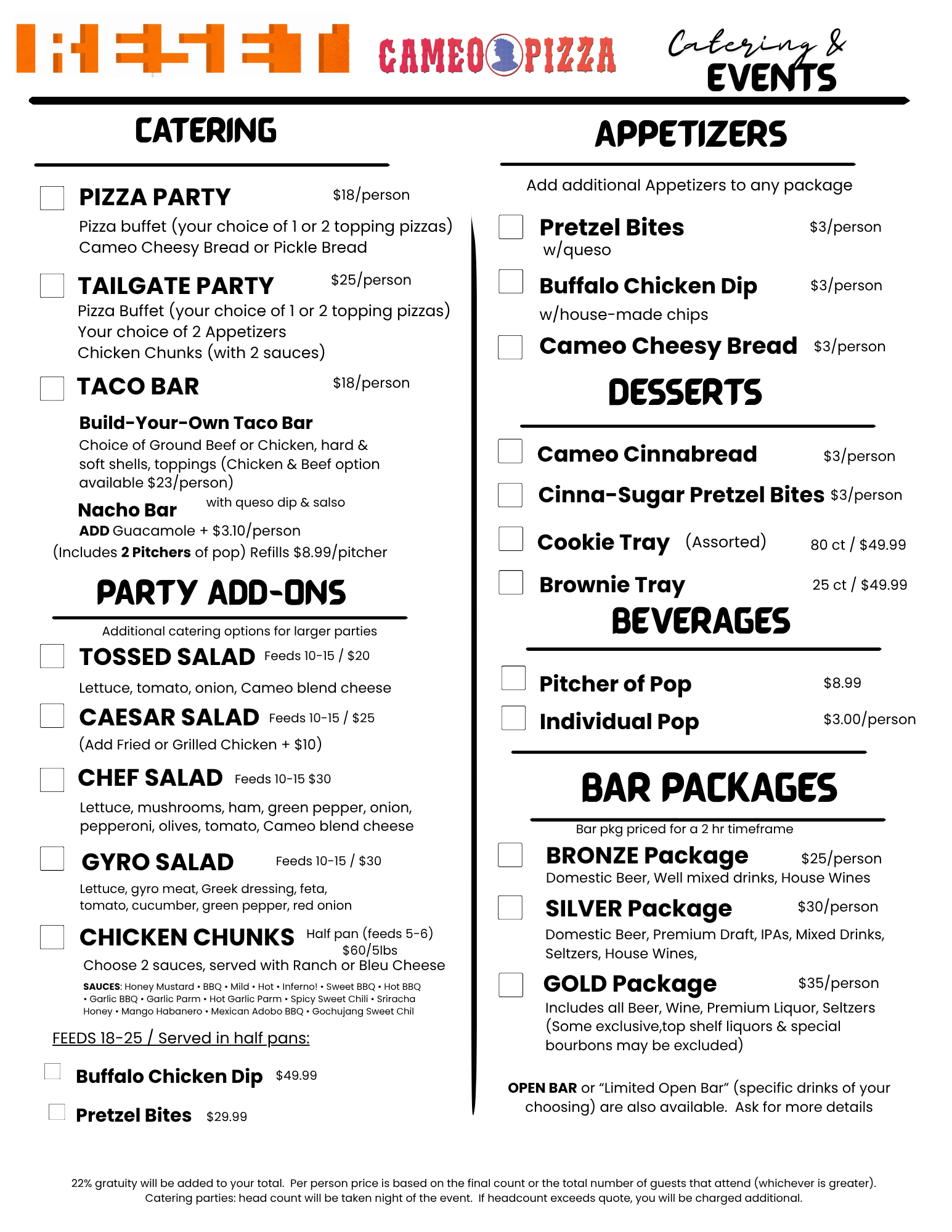 Reset Arcade Rossford Catering Menu