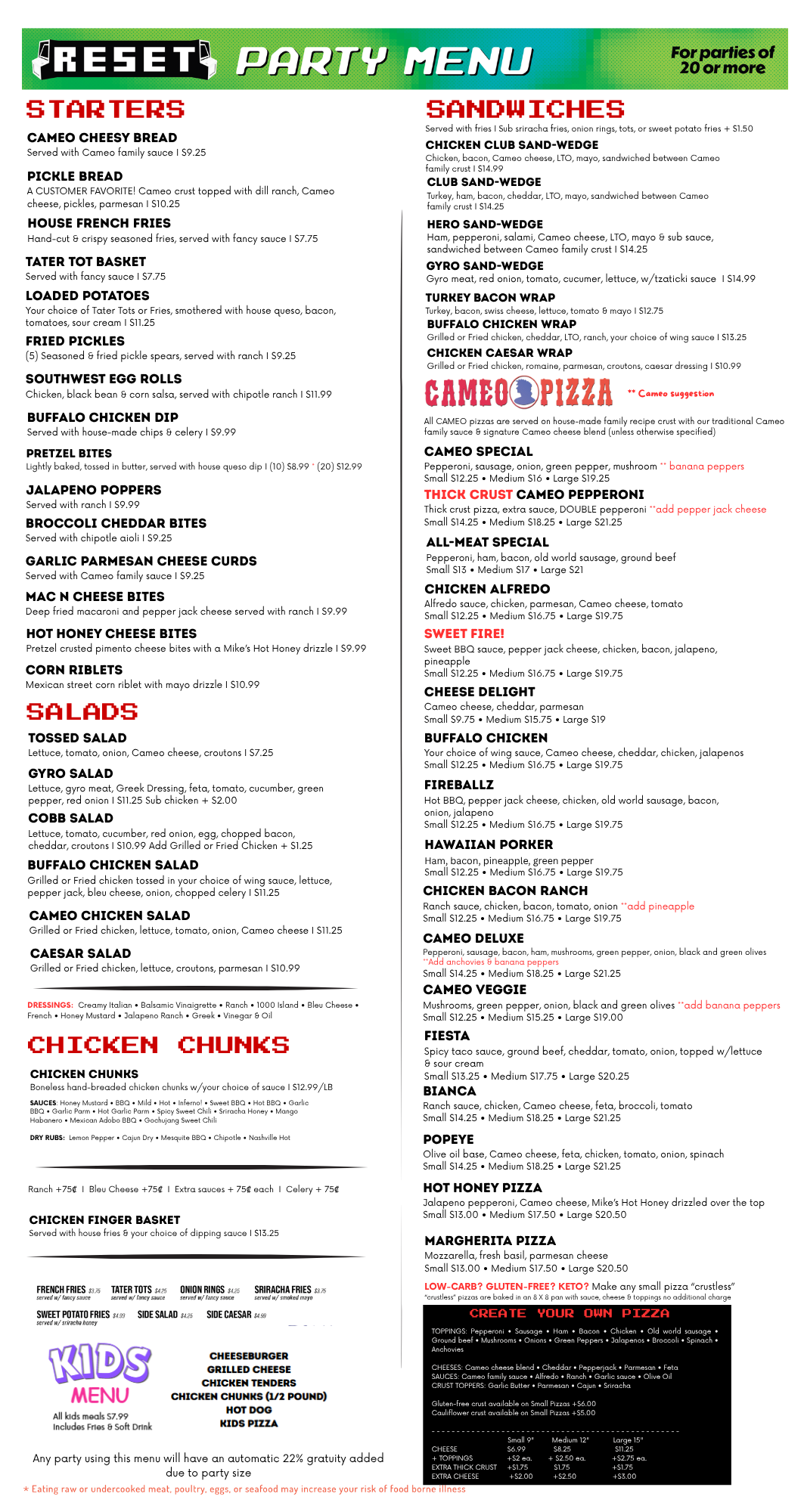 Cameo Reset Rossford Party Menu for parties of 20 or more