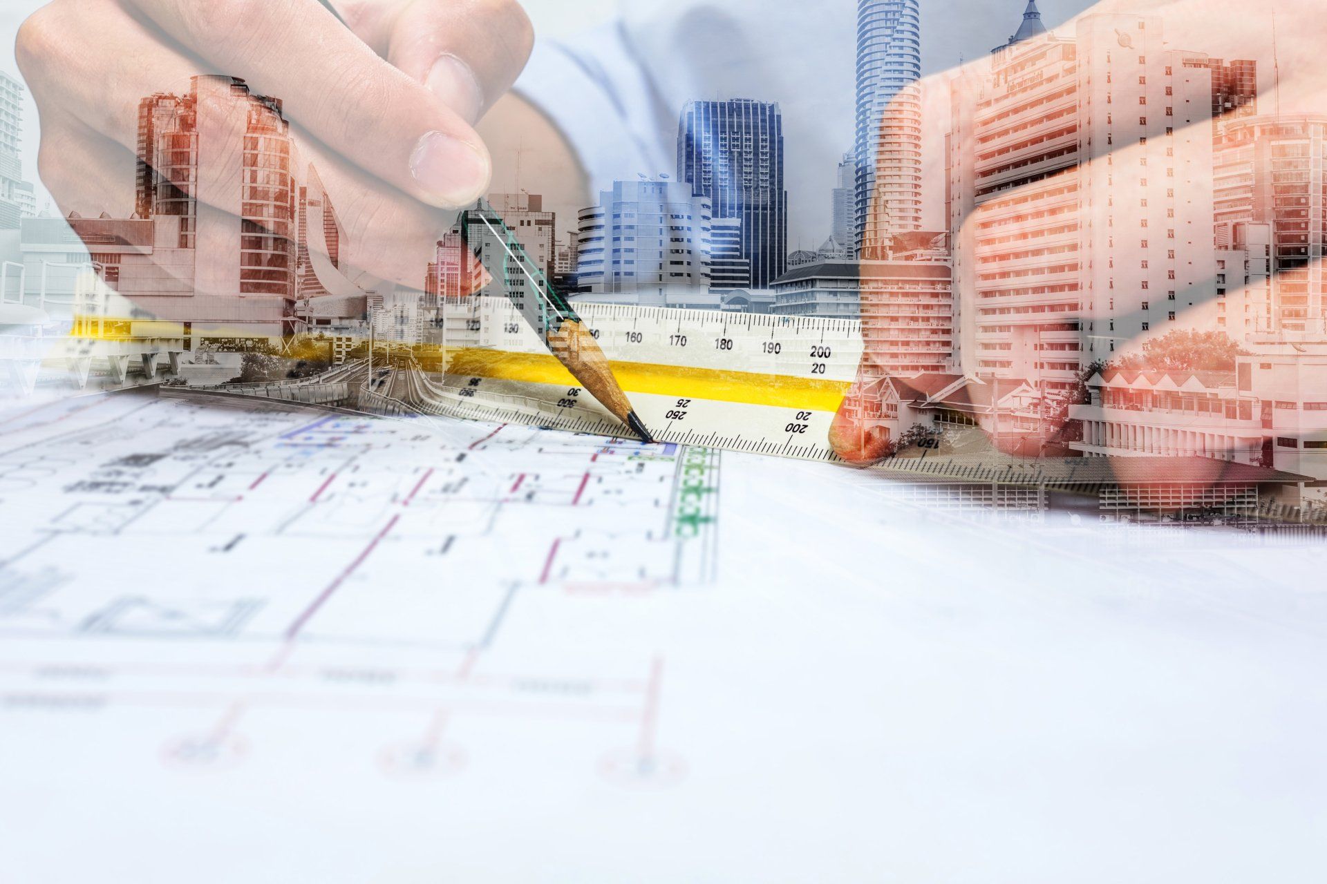 Un architecte dessine des plans à l'aide d'un compas, en superposant la silhouette d'une ville.