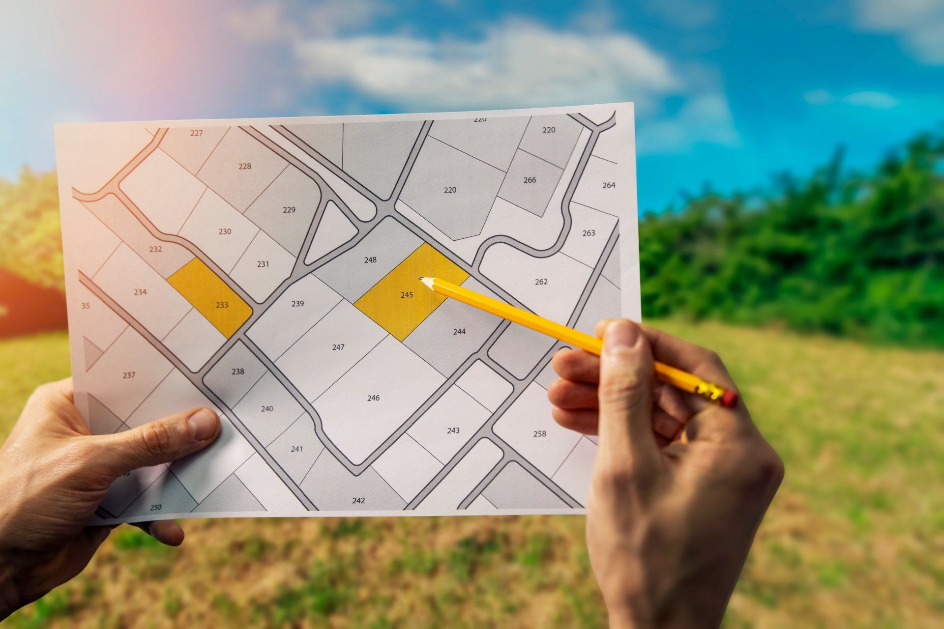 Des mains tenant une carte des parcelles de terrain, un crayon désigne une zone extérieure surlignée en jaune.