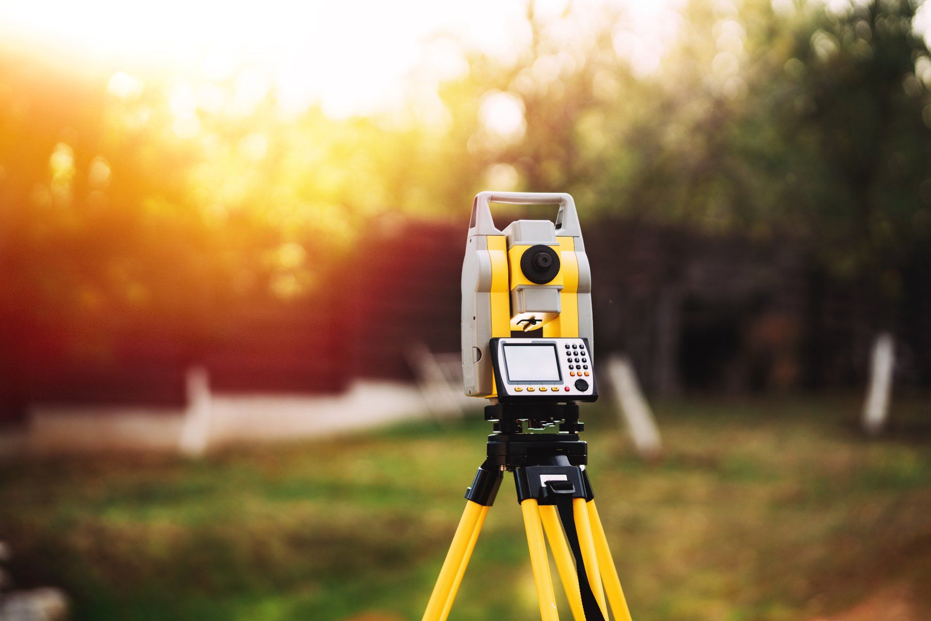 Total station survey instrument on a tripod, outdoors in front of blurry greenery, bright sunlight.