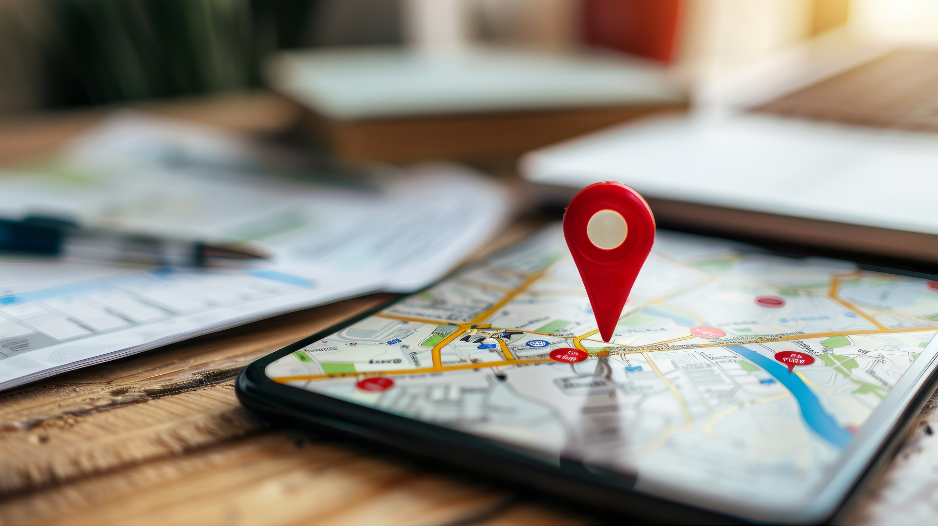 Smartphone displaying map with red location pin; documents and pen on table.