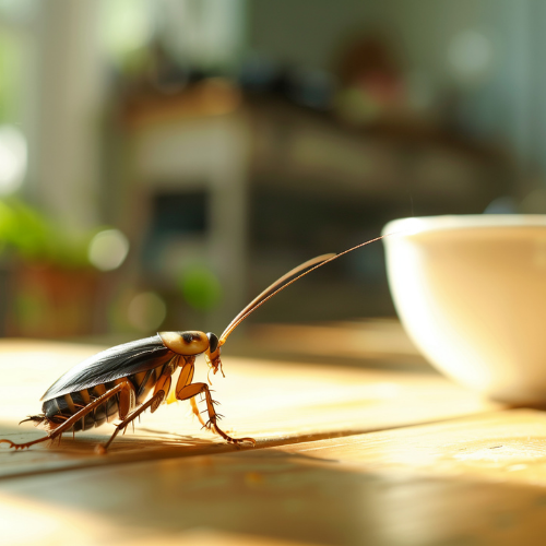 Cockroach on a wooden table near a white bowl; sunny interior with blurred background.