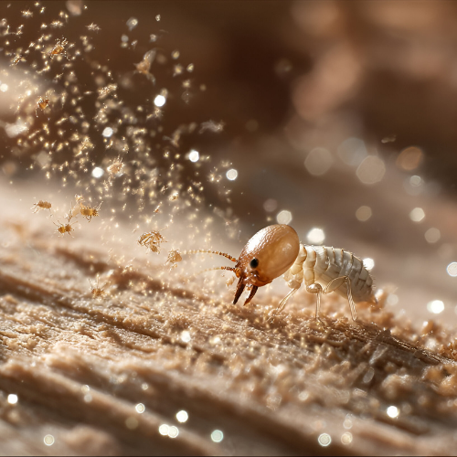 Termite eating wood, sawdust flying. Brown and white insect on a wooden surface.