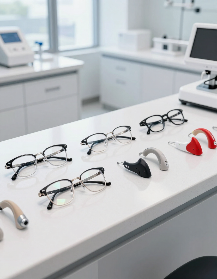 Gafas expuestas sobre un mostrador blanco en una óptica, con monturas negras, rojas y plateadas.