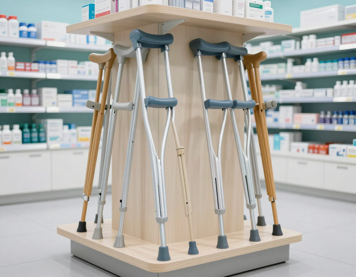 Muletas expuestas en un soporte giratorio en el pasillo de una farmacia.