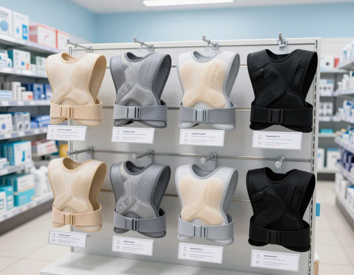 Exhibición de chalecos de compresión para el pecho en color beige, gris y negro en un estante de pared.