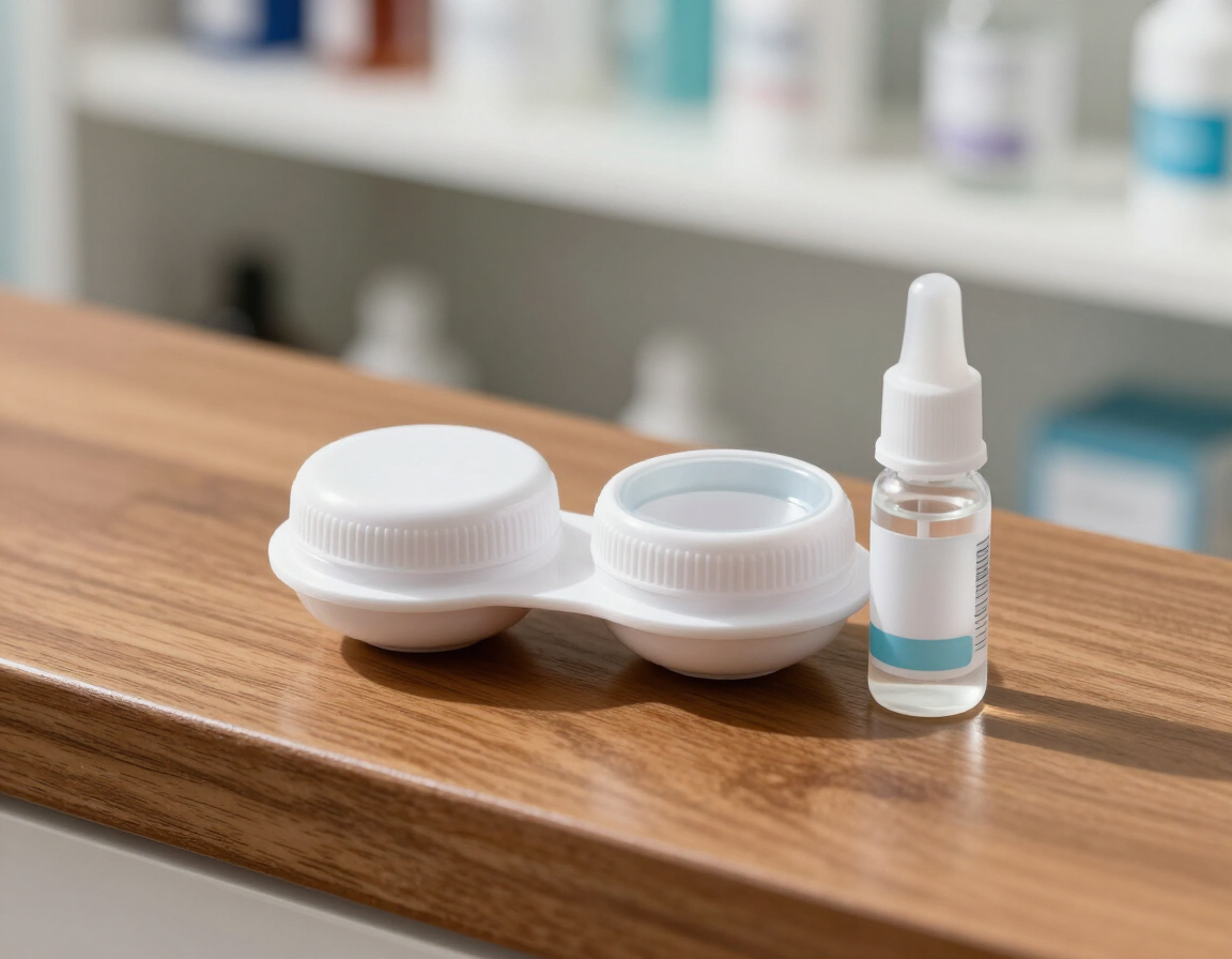 Dos estuches blancos para lentes de contacto y un pequeño frasco de gotas para los ojos sobre un mostrador de madera.