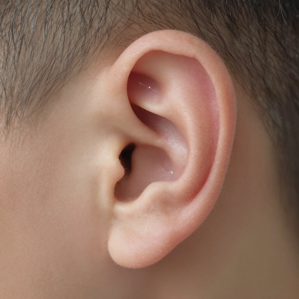 Primer plano de una oreja humana sobre un fondo neutro.