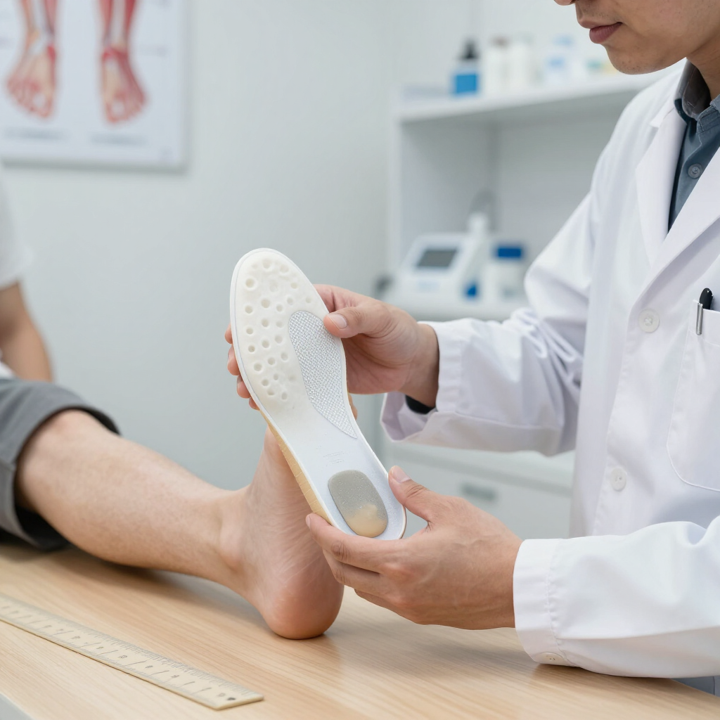 Un médico sostiene una plantilla ortopédica blanca mientras examina el pie de un paciente en una clínica.