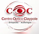 Logotipo del Centro Óptico Claypole con gráfico de ojo rojo y texto “Ortopedia · Audiología”
