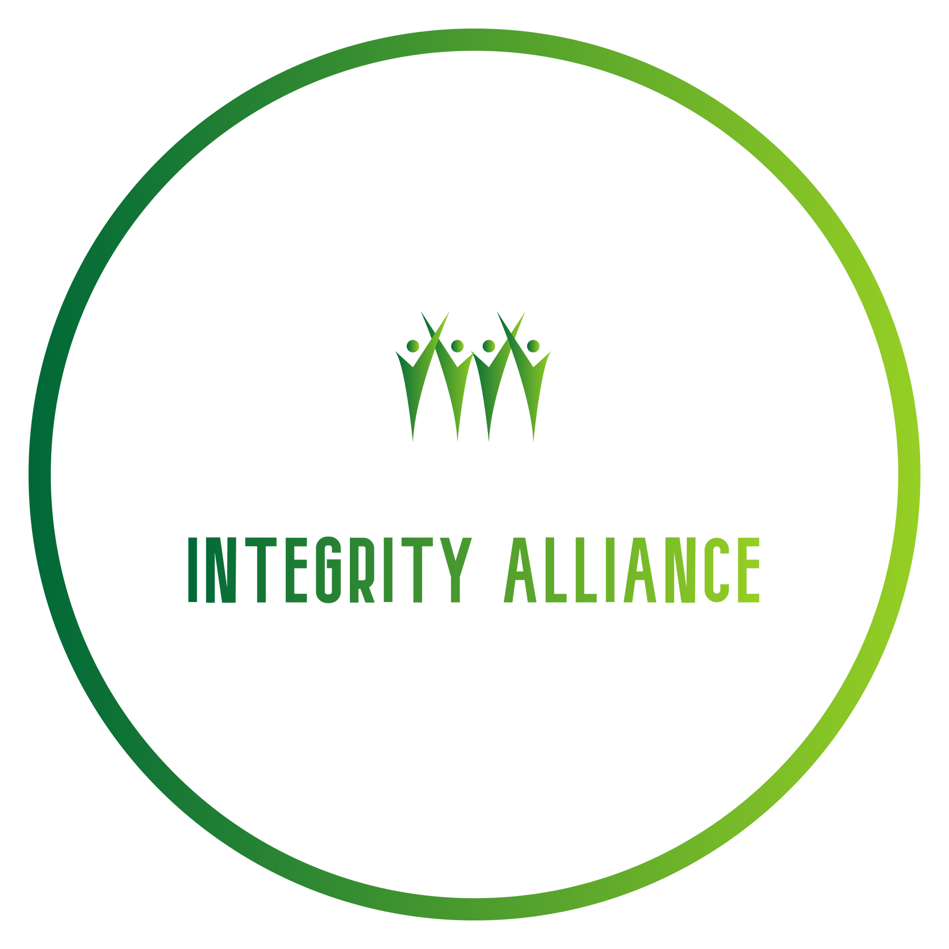 Green circle logo with the words “INTEGRITY ALLIANCE” below a stylized image of three figures with arms raised.