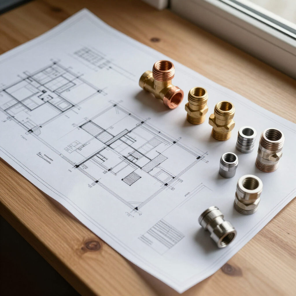 Planos de obra y conexiones de plomería sobre mesa