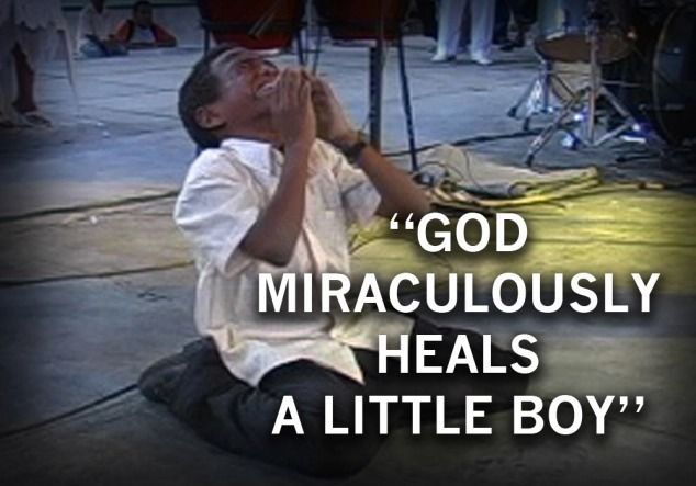 Boy on knees, hands raised, praying, caption 