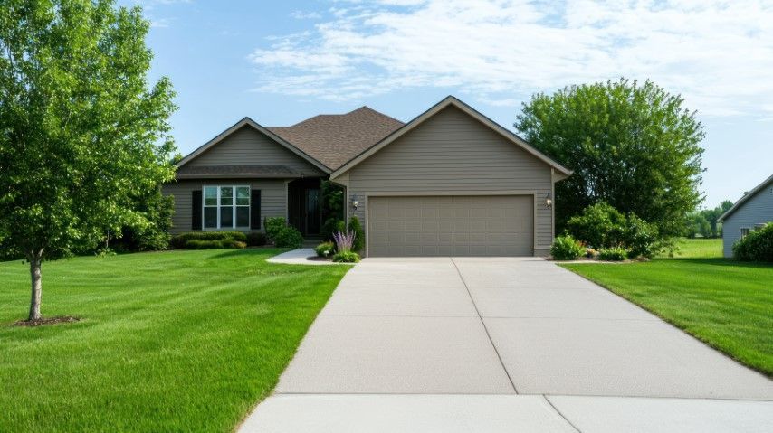 Tan house with a two-car garage, green lawn, and long concrete driveway under a blue sky.