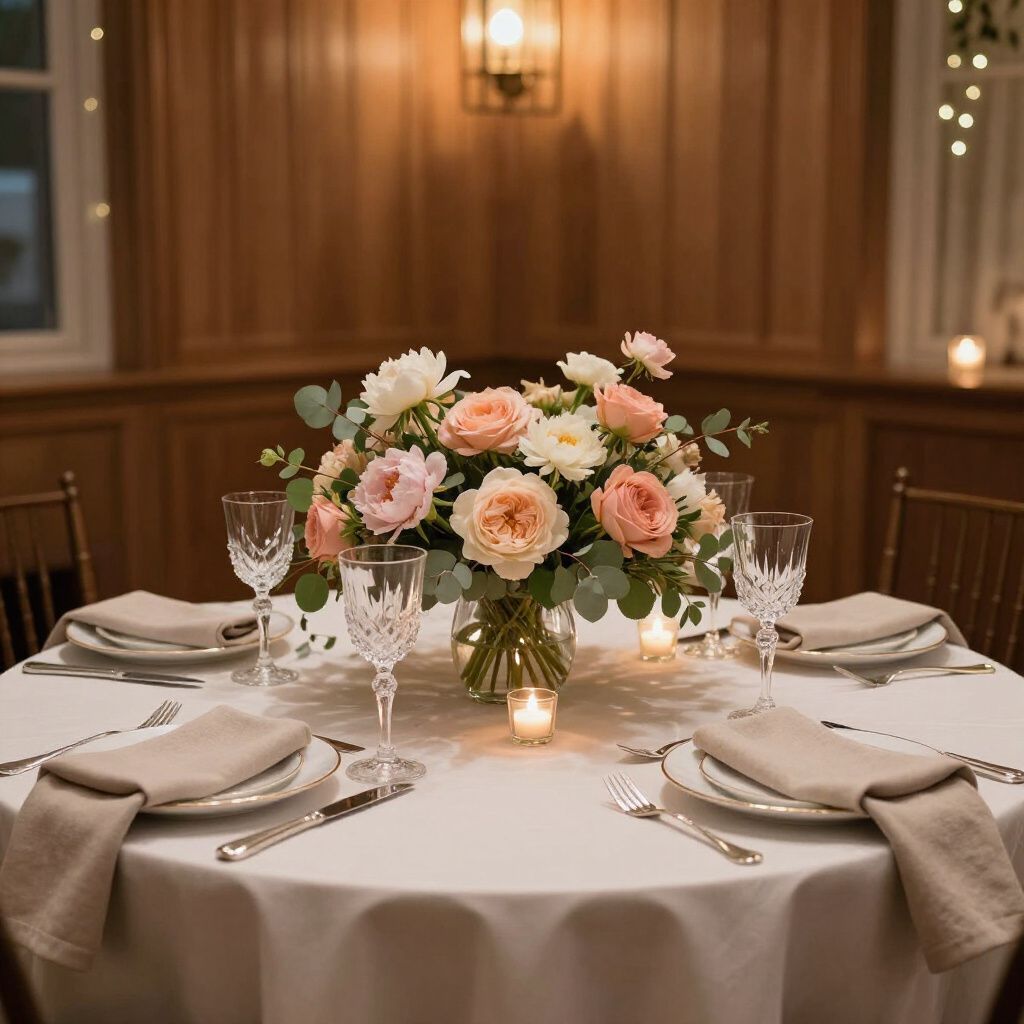Elegant table setting with floral centerpiece, soft colors, and candlelight in a warmly lit room.