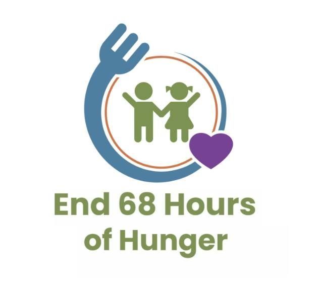 Logo with blue circle and green figures, purple heart, and text: “End 68 Hours of Hunger”