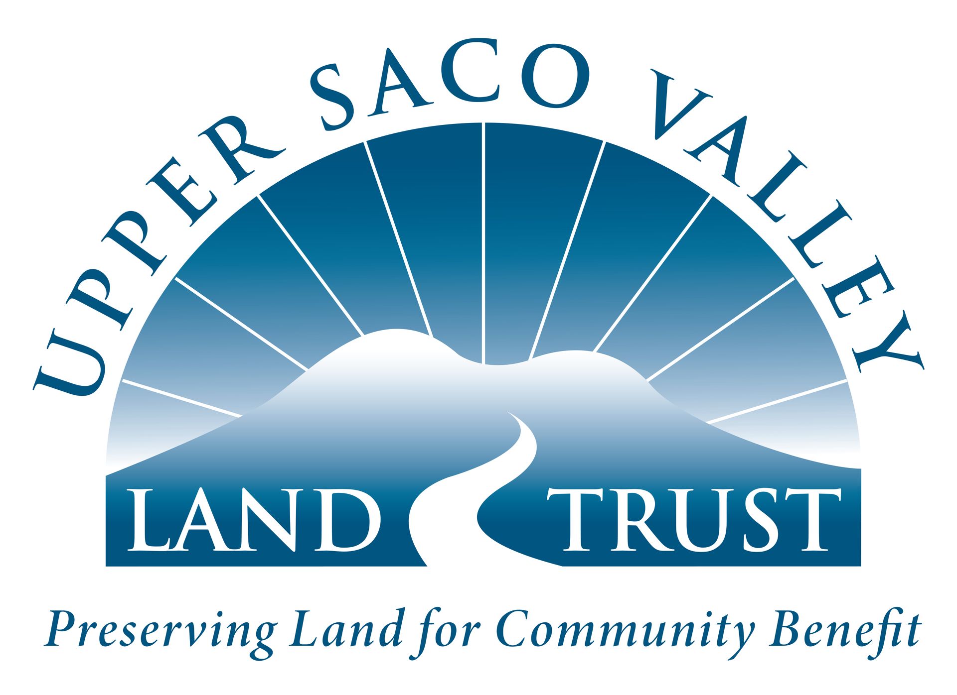 Upper Saco Valley Land Trust logo with blue mountains, sun rays, and river under text banner