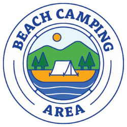 A logo for the beach camping area with a tent on the beach.