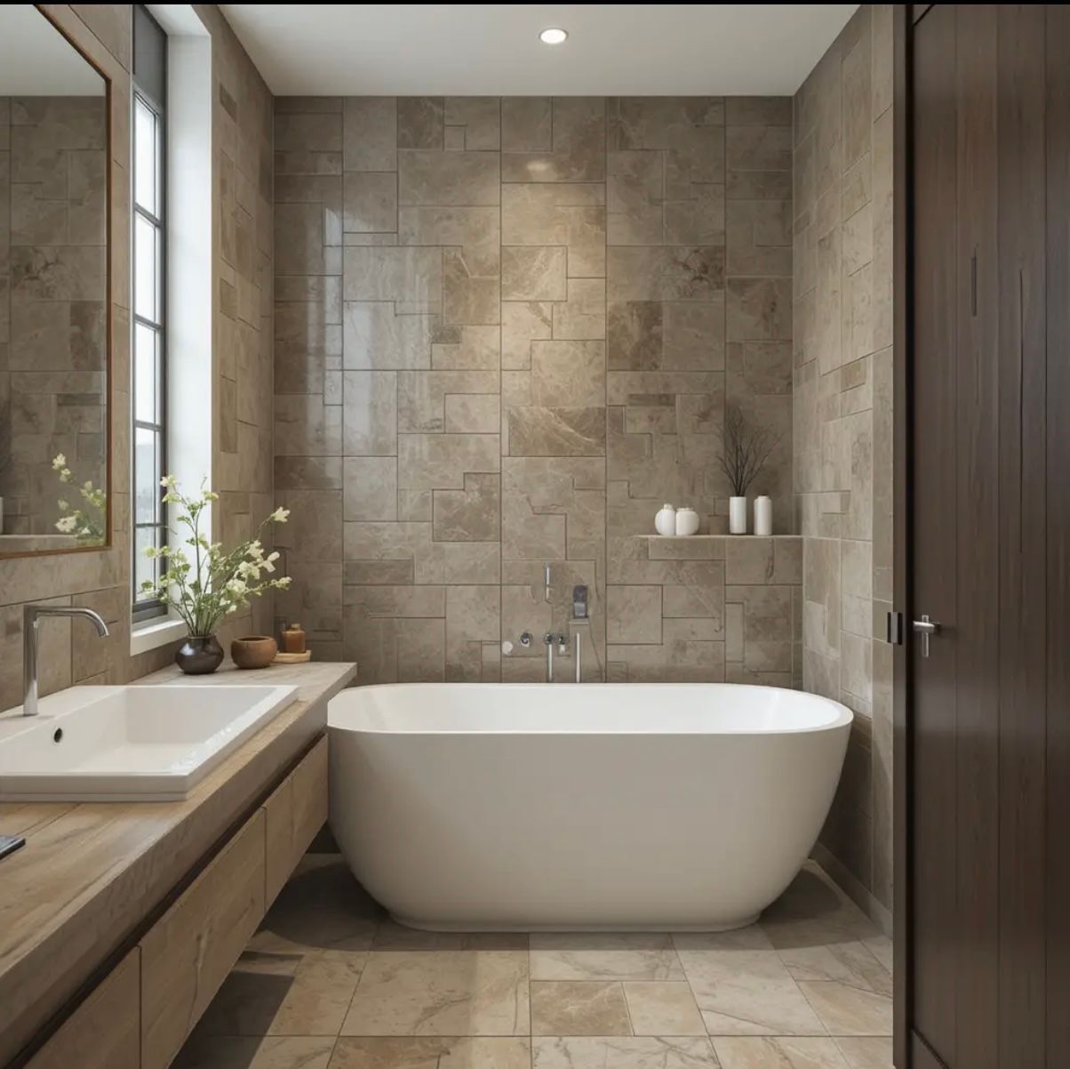 Modern bathroom with freestanding tub, tiled walls, wood vanity, and a window.